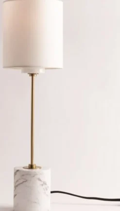 Casa Padrino Luxus Tischleuchte Antik Messing / Weiß Ø 15,9 x H. 55,9 cm - Moderne runde Tischlampe mit Lampenschirm aus Kunstseide und Marmorsockel
