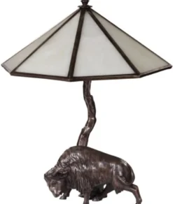 Casa Padrino Luxus Tischleuchte mit Bronzefigur Bison Bronze / Weiß 42 x 42 x H. 50 cm - Luxus Kollektion