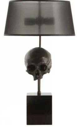 Casa Padrino Luxus Tischleuchte Totenkopf Schwarz / Antik Messing Ø 35 x H. 77 cm - Schreibtschleuchte mit rundem Lampenschirmen - Luxus Leuchten - Luxus Möbel - Luxus Interior