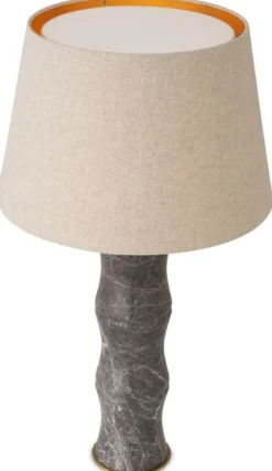Casa Padrino Luxus Tischleuchte Grau / Antik Messing / Beige Ø 38 x H. 88 cm - Moderne Marmor Schreibtschleuchte in Bambus Optik - Luxus Kollektion