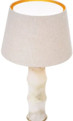 Casa Padrino Luxus Tischleuchte Alabaster / Antik Messing / Beige Ø 38 x H. 88 cm - Moderne Alabaster Schreibtschleuchte in Bambus Optik - Luxus Kollektion