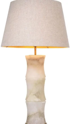 Casa Padrino Luxus Tischleuchte Alabaster / Antik Messing / Beige Ø 38 x H. 88 cm - Moderne Alabaster Schreibtschleuchte in Bambus Optik - Luxus Kollektion