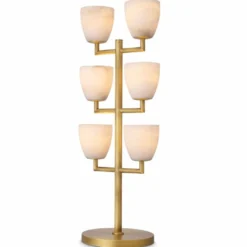 Casa Padrino Luxus Tischleuchte Messing / Alabaster H. 81 cm - Luxus Leuchten