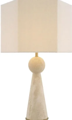 Casa Padrino Luxus Tischleuchte Beige / Antik Messing / Creme 40 x 40 x H. 78,5 cm - Travertin Schreibtischleuchte mit sechseckigem Lampenschirm - Luxus Tischleuchten - Luxus Schreibtischleuchten