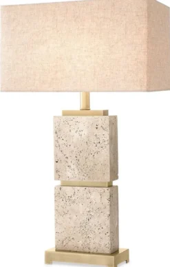 Casa Padrino Luxus Tischleuchte Beige / Antik Messing 40 x 22 x H. 70,5 cm - Travertin Schreibtischleuchte mit rechteckigem Lampenschirm - Luxus Tischleuchten - Luxus Schreibtischleuchten