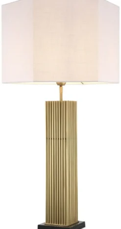 Casa Padrino Luxus Tischleuchte Antik Messingfarben / Schwarz / Weiß 46 x 46 x H. 87 cm - Moderne Schreibtischleuchte mit sechseckigem Lampenschirm - Luxus Qualität