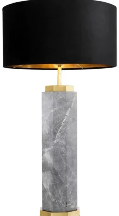 Casa Padrino Luxus Tischleuchte Grau / Antik Messing / Schwarz Ø 40 x H. 75 cm - Marmor Schreibtischleuchte mit rundem Samt Lampenschirm - Luxus Tischleuchten - Luxus Schreibtischleuchten