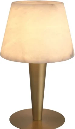 Casa Padrino Luxus Tischleuchte Antik Messing / Alabaster / Weiß Ø 45 x H. 75 cm - Moderne Metall Schreibtischleuchte mit Alabaster Kugeln und rundem Lampenschirm - Luxus Qualität