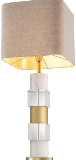 Casa Padrino Luxus Tischleuchte Antik Messingfarben / Weiß / Beige 35 x 35 x H. 87 cm - Schreibtischleuchte mit Marmor und Kristallglas - Luxus Qualität