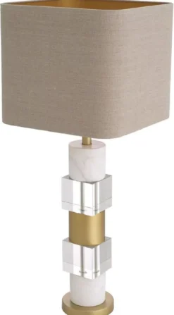 Casa Padrino Luxus Tischleuchte Antik Messingfarben / Weiß / Beige 35 x 35 x H. 87 cm - Schreibtischleuchte mit Marmor und Kristallglas - Luxus Qualität