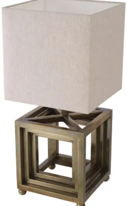 Casa Padrino Luxus Tischleuchte Vintage Messing / Beige 30 x 30 x H. 65,5 cm - Schreibtischleuchte mit quadratischem Lampenschirm - Luxus Tischleuchten - Luxus Schreibtischleuchten