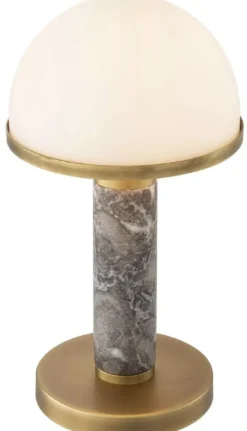 Casa Padrino Luxus Tischleuchte Grau / Antik Messing / Weiß Ø 21 x H. 41 cm - Schreibtischleuchte mit hochwertigem Marmor und Glas Lampenschirm - Luxus Leuchten - Luxus Möbel - Luxus Interior