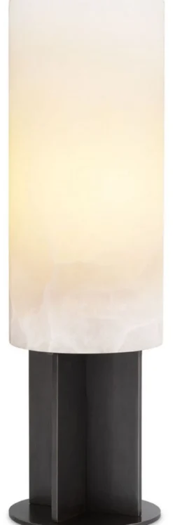 Casa Padrino Luxus Tischleuchte Bronze / Alabaster Ø 14 x H. 47 cm - Moderne Tischlampe mit rundem Alabaster Lampenschirm - Luxus Leuchten