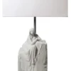Casa Padrino Luxus Tischleuchte Grau / Weiß 30 x 20 x H. 57 cm - Designer Tischlampe mit hangefertigter Porzellan Skulptur einer meditierender Frau Mod1