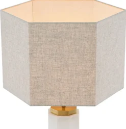 Casa Padrino Luxus Tischleuchte Weiß / Antik Messing / Grau 46 x 46 x H. 84,5 cm - Alabaster Schreibtischleuchte mit sechseckigem Lampenschirm - Luxus Tischleuchten - Luxus Schreibtischleuchten