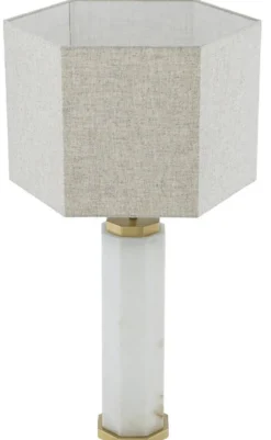Casa Padrino Luxus Tischleuchte Weiß / Antik Messing / Grau 46 x 46 x H. 84,5 cm - Alabaster Schreibtischleuchte mit sechseckigem Lampenschirm - Luxus Tischleuchten - Luxus Schreibtischleuchten