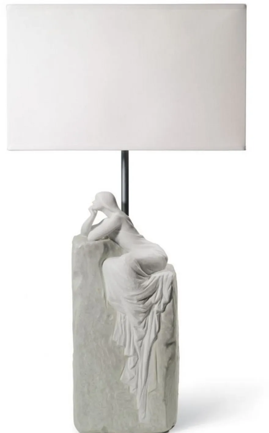 Casa Padrino Luxus Tischleuchte Grau / Weiß 30 x 20 x H. 57 cm - Designer Tischlampe mit hangefertigter Porzellan Skulptur einer meditierender Frau Mod2