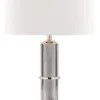 Casa Padrino Luxus Tischleuchte Silber / Weiß Ø 38 x H. 71 cm - Tischlampe mit rundem Leinen Lampenschirm