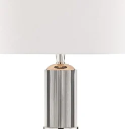Casa Padrino Luxus Tischleuchte Silber / Weiß Ø 38 x H. 71 cm - Tischlampe mit rundem Leinen Lampenschirm