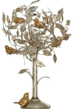 Casa Padrino Luxus Tischleuchte Baum & Vögel Silber / Gold Ø 36 x H. 56 cm - Moderne Metall Schreibtischleuchte mit Swarovski Kristallglas - Hotel & Restaurant Leuchte