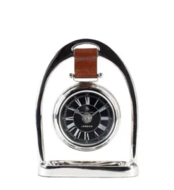 Casa Padrino Luxus Tischuhr 49 Regent Street London, vernickeltes Metall und braunes Leder, 18 x 5 x H. 24,5 cm
