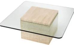 Casa Padrino Luxus Travertin Couchtisch Beige 90 x 90 x H. 35 cm - Quadratischer Naturstein Wohnzimmertisch mit Glasplatte - Wohnzimmer Möbel - Luxus Möbel - Luxus Einrichtung