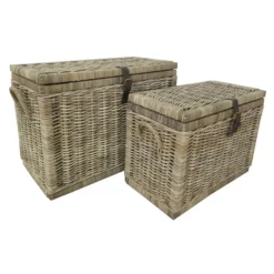Casa Padrino Luxus Truhen Set Naturfarben / Grau - 2 Rattan Truhen mit Deckel und Lederriemen