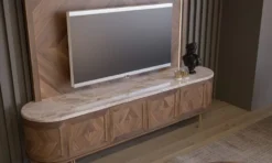 Casa Padrino Luxus TV Schrank Set Braun / Beige / Messing - Wohnzimmer Sideboard mit 4 Türen & beleuchteter TV Rückwand - Wohnzimmer Möbel - Hotel Möbel - Luxus Möbel
