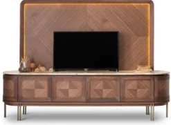 Casa Padrino Luxus TV Schrank Set Braun / Beige / Messing - Wohnzimmer Sideboard mit 4 Türen & beleuchteter TV Rückwand - Wohnzimmer Möbel - Hotel Möbel - Luxus Möbel