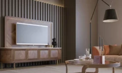 Casa Padrino Luxus TV Schrank Set Braun / Beige / Messing - Wohnzimmer Sideboard mit 4 Türen & beleuchteter TV Rückwand - Wohnzimmer Möbel - Hotel Möbel - Luxus Möbel