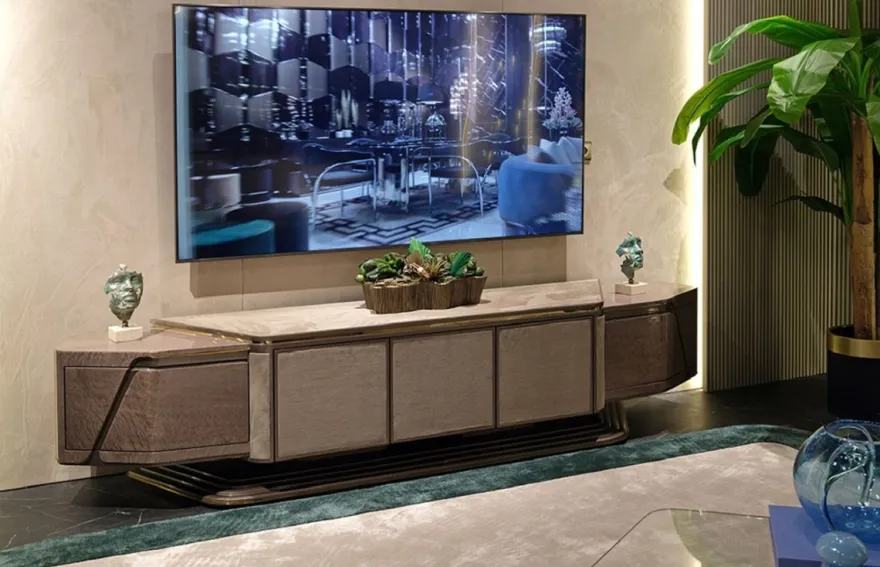 Casa Padrino Luxus TV Schrank Grau / Gold 251 x 50 x H. 58 cm - Massivholz Sideboard mit 5 Türen - Wohnzimmer Möbel - Luxus Möbel - Luxus Einrichtung