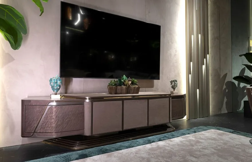 Casa Padrino Luxus TV Schrank Grau / Gold 251 x 50 x H. 58 cm - Massivholz Sideboard mit 5 Türen - Wohnzimmer Möbel - Luxus Möbel - Luxus Einrichtung