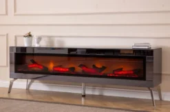 Casa Padrino Luxus TV Schrank mit LED Elektrokamin und Fernbedienung Silber 180 cm