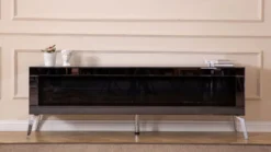 Casa Padrino Luxus TV Schrank mit LED Elektrokamin und Fernbedienung Silber 180 cm
