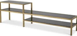 Casa Padrino Luxus TV Schrank Messingfarben / Grau 230 x 45,5 x H. 65 cm - Edelstahl Sideboard mit getönten Glasplatten - Luxus Wohnzimmer Möbel