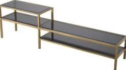Casa Padrino Luxus TV Schrank Messingfarben / Grau 230 x 45,5 x H. 65 cm - Edelstahl Sideboard mit getönten Glasplatten - Luxus Wohnzimmer Möbel