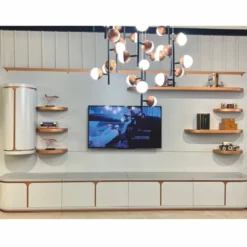 Casa Padrino Luxus TV Schrank Weiß / Grau / Kupfer 430 cm - Wohnzimmer & Hotel Möbel