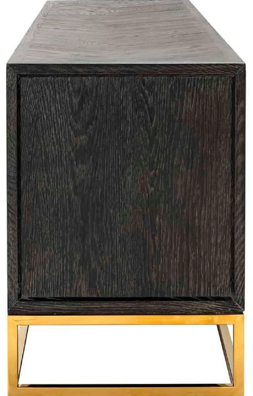 Casa Padrino Luxus TV Schrank Schwarz / Gold 185 x 42,5 x H. 60 cm - Massivholz Sideboard mit 4 Türen - Wohnzimmer Möbel - Hotel Möbel - Luxus Kollektion
