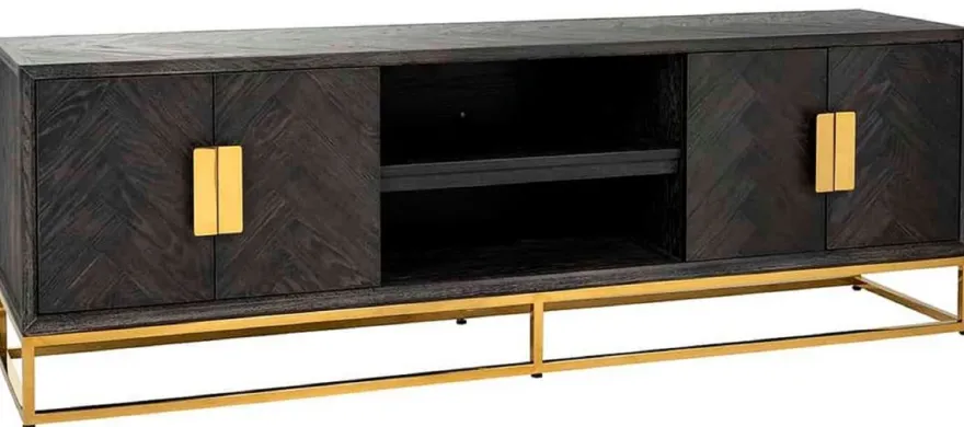 Casa Padrino Luxus TV Schrank Schwarz / Gold 185 x 42,5 x H. 60 cm - Massivholz Sideboard mit 4 Türen - Wohnzimmer Möbel - Hotel Möbel - Luxus Kollektion