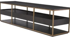 Casa Padrino Luxus TV Schrank Mokka / Messing 220 x 55 x H. 61 cm - Massivholz Sideboard mit 3 Schubladen - Wohnzimmer Möbel - Hotel Möbel - Luxus Kollektion