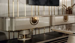 Casa Padrino Luxus TV Schrank Grau / Gold 250 x 52 x H. 50 cm - Massivholz Sideboard mit edler Kunstmarmor Platte - Wohnzimmer Möbel - Luxus Möbel - Luxus Einrichtung