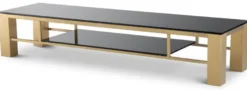 Casa Padrino Luxus TV Schrank Messingfarben / Schwarz 195 x 55 x H. 38 cm - Edelstahl Sideboard mit Glasplatten - Luxus Wohnzimmer Möbel
