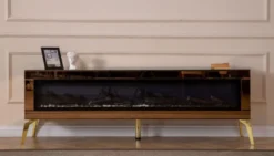 Casa Padrino Luxus TV Schrank mit LED Elektrokamin und Fernbedienung Gold 180 cm
