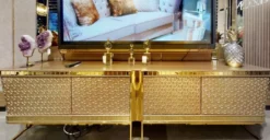 Casa Padrino Luxus TV Schrank Grau / Gold 254 x 50 x H. 65 cm - Massivholz Sideboard mit 4 Türen - Wohnzimmer Möbel - Luxus Möbel - Luxus Einrichtung