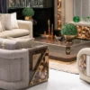 Casa Padrino Luxus TV Schrank Set Grau / Braun / Gold - Massivholz Wohnzimmer Sideboard mit 2 Reaglschränken - Wohnzimmer Möbel - Luxus Möbel