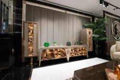 Casa Padrino Luxus TV Schrank Set Grau / Braun / Gold - Massivholz Wohnzimmer Sideboard mit 2 Reaglschränken - Wohnzimmer Möbel - Luxus Möbel