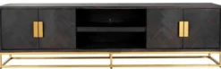 Casa Padrino Luxus TV Schrank Schwarz / Gold 220 x 42,5 x H. 60 cm - Massivholz Sideboard mit 4 Türen - Wohnzimmer Möbel - Hotel Möbel - Luxus Kollektion