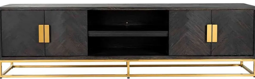 Casa Padrino Luxus TV Schrank Schwarz / Gold 220 x 42,5 x H. 60 cm - Massivholz Sideboard mit 4 Türen - Wohnzimmer Möbel - Hotel Möbel - Luxus Kollektion