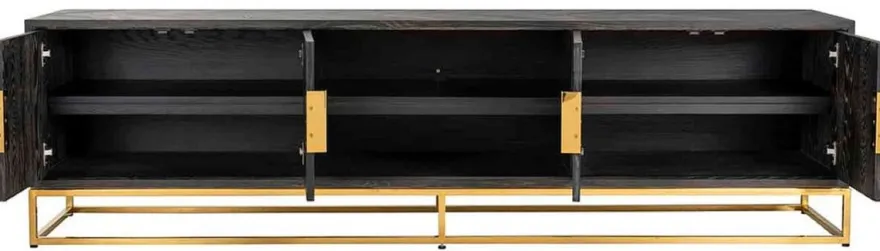 Casa Padrino Luxus TV Schrank Schwarz / Gold 220 x 42,5 x H. 60 cm - Massivholz Sideboard mit 4 Türen - Wohnzimmer Möbel - Hotel Möbel - Luxus Kollektion
