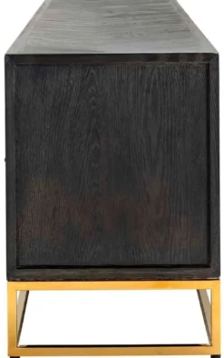 Casa Padrino Luxus TV Schrank Schwarz / Gold 220 x 42,5 x H. 60 cm - Massivholz Sideboard mit 4 Türen - Wohnzimmer Möbel - Hotel Möbel - Luxus Kollektion